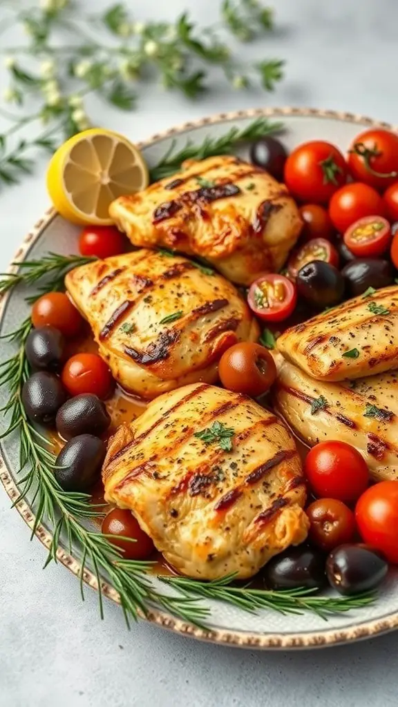 Grilled Mediterranean Lemon Chicken Thighs with cherry tomatoes and olives