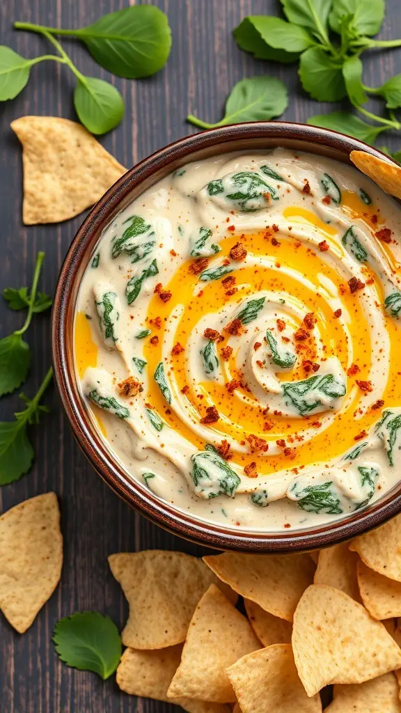 A bowl of creamy spinach and artichoke dip with tortilla chips on the side