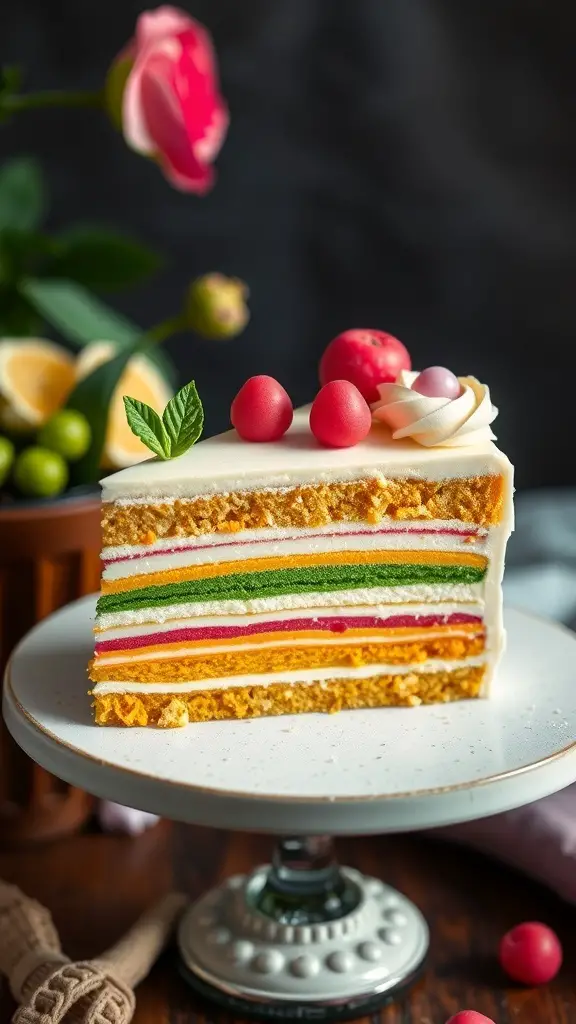 A slice of Cassata Siciliana layered cake with colorful filling and decorative toppings.
