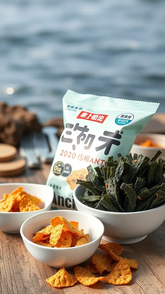 A variety of seaweed snacks displayed in bowls with a bag of seaweed chips in the background, set against a scenic backdrop.