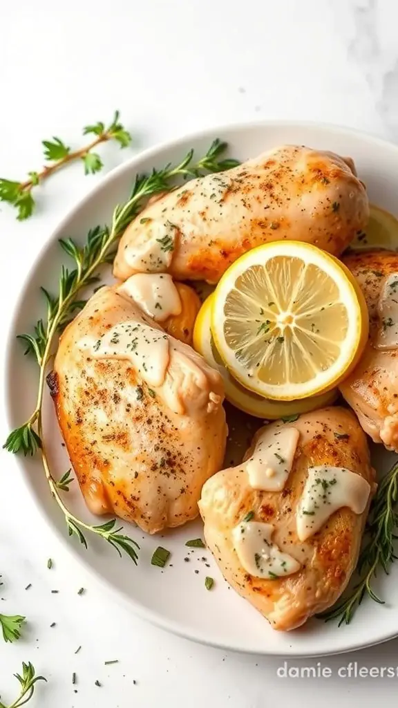Herb-infused baked chicken thighs with lemon slices and creamy sauce on a plate