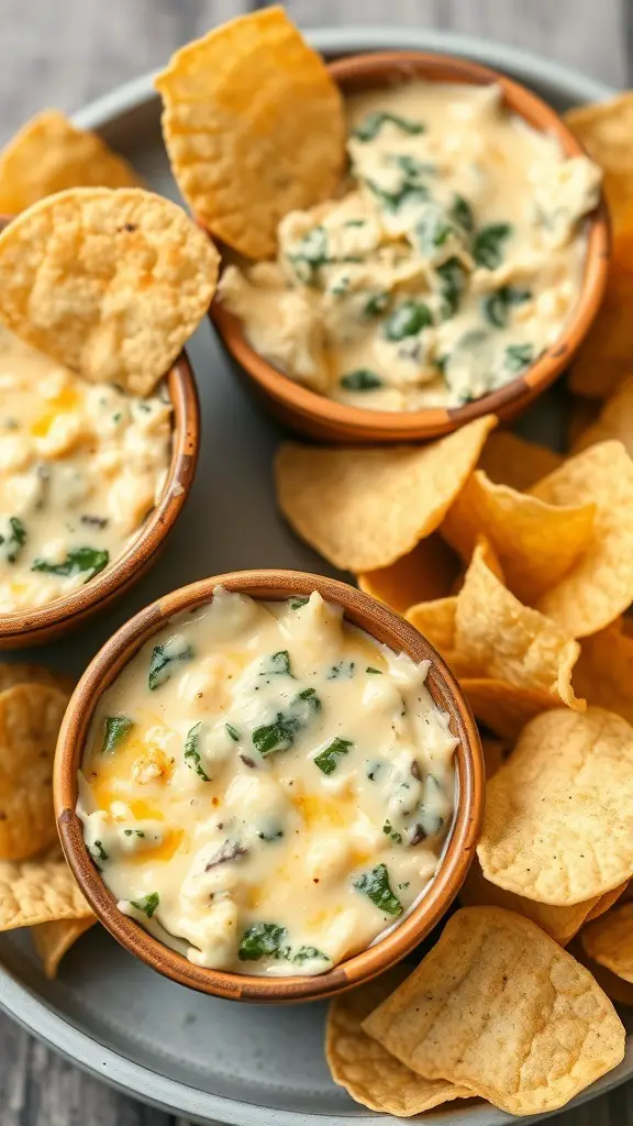 Cheesy spinach and artichoke dip in small bowls with tortilla chips on the side.