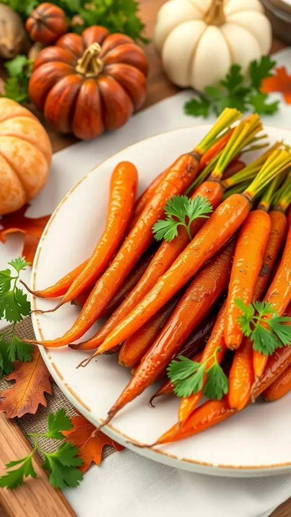 A plate of honey glazed carrots surrounded by pumpkins and autumn leaves