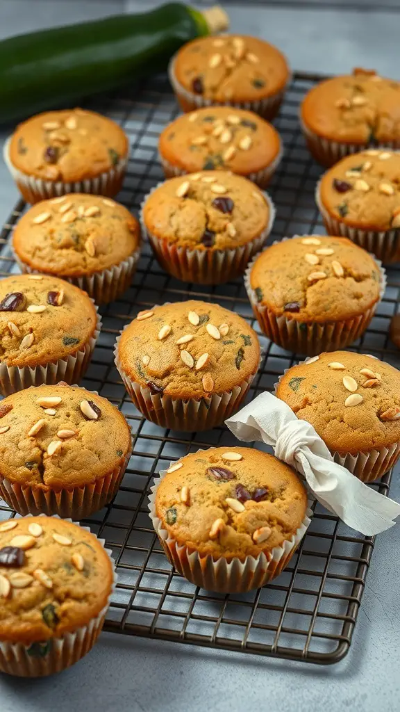 A batch of freshly baked zucchini muffins on a cooling rack.