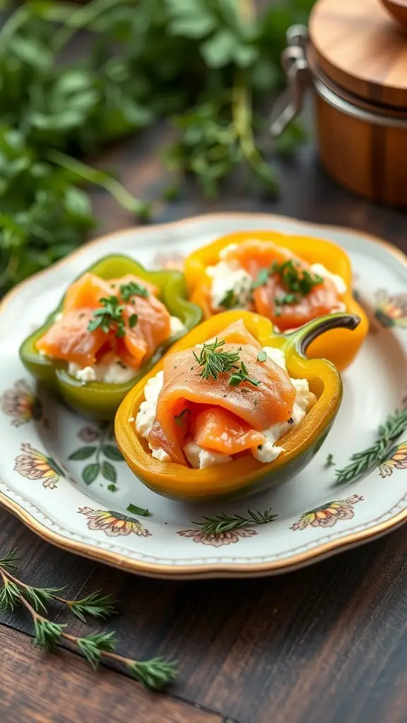 A plate of smoked salmon stuffed peppers with cream cheese and herbs
