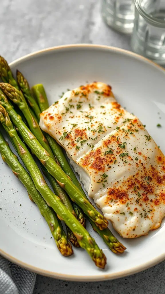 A plate of herb-crusted tilapia fillet with asparagus on the side.