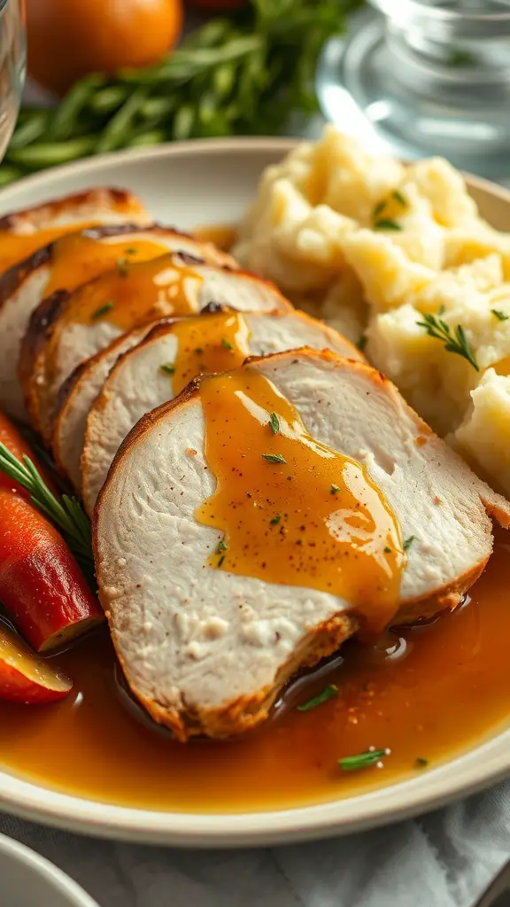 Sliced lemon herb turkey breast with gravy, served with mashed potatoes and garnished with herbs.