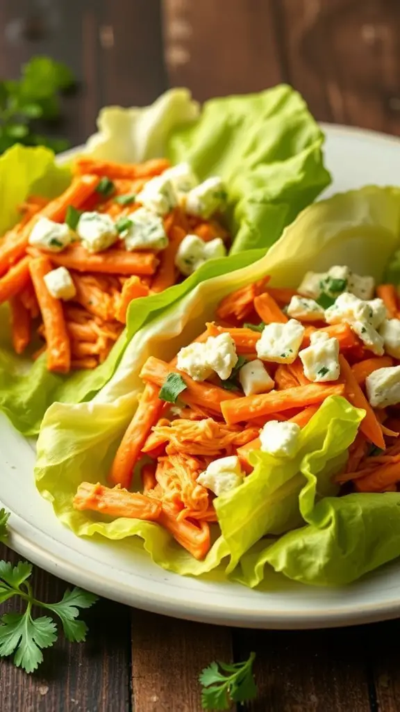 Buffalo chicken lettuce wraps with shredded chicken, cheese, and herbs in green lettuce leaves