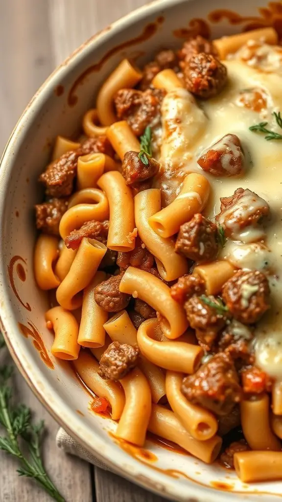A delicious beef and rotini casserole with melted cheese on top.