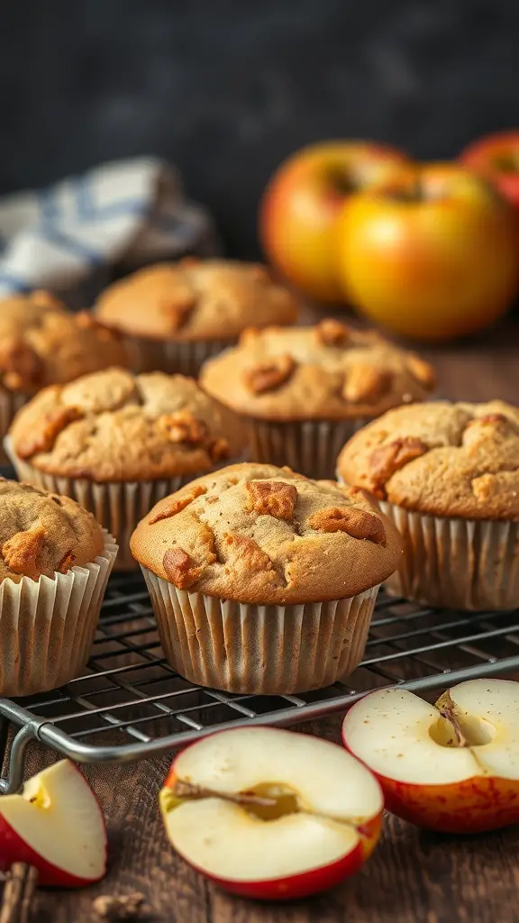 Freshly baked spiced apple muffins on a cooling rack with sliced apples in the foreground.