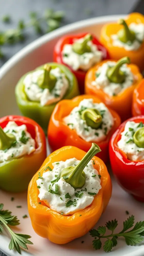 A platter of colorful stuffed mini peppers filled with cream cheese and herbs.