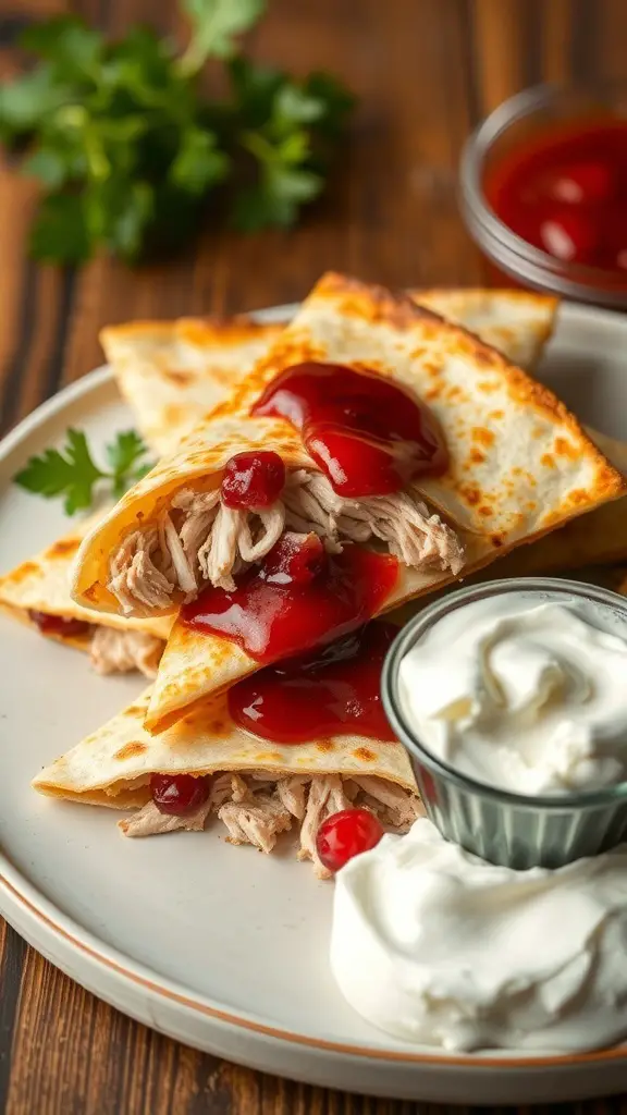 A plate of turkey and cranberry quesadillas with sour cream and cranberry sauce.