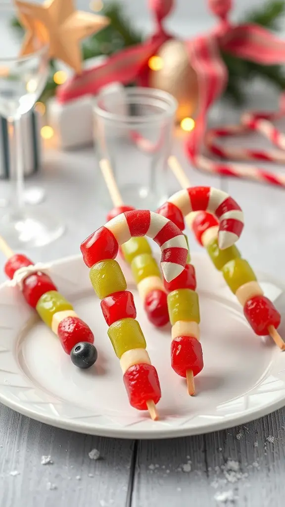 Colorful candy cane shaped fruit skewers made with strawberries, green grapes, and bananas.