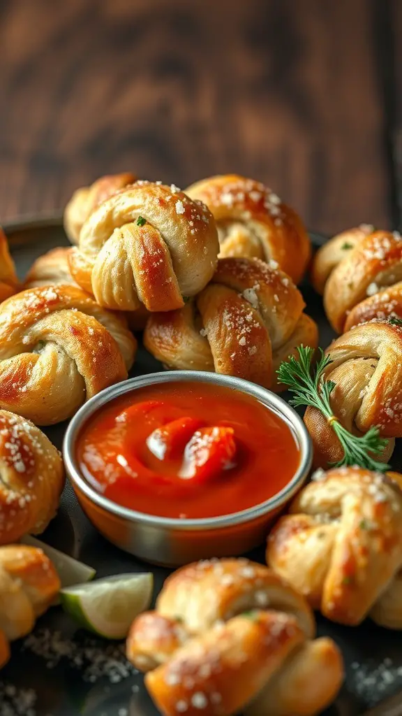 A platter of garlic parmesan knots served with marinara sauce