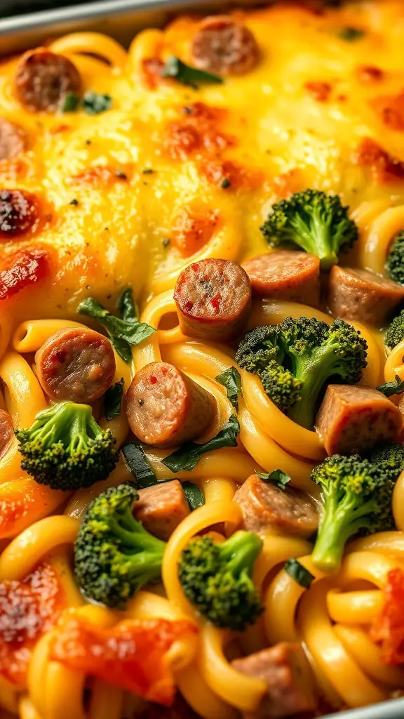 A close-up of a baked pasta dish featuring sausage and broccoli rabe, topped with melted cheese.