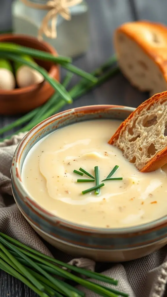 A bowl of creamy potato leek soup with chives and a slice of bread
