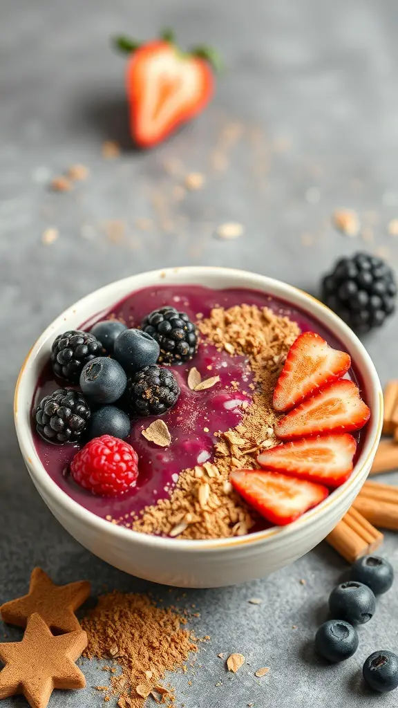 A delicious acai bowl topped with berries, granola, and a sprinkle of cinnamon.