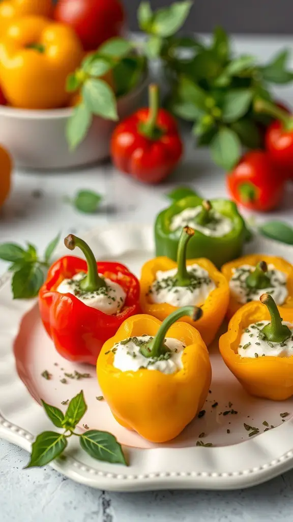 Colorful mini bell peppers stuffed with herbed goat cheese on a plate