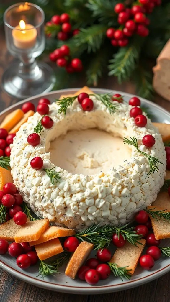 A festive cheese ball wreath surrounded by cranberries and herbs on a platter.