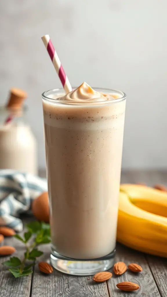 A creamy protein-packed smoothie with peanut butter, topped with whipped cream and a straw, surrounded by bananas and almonds.
