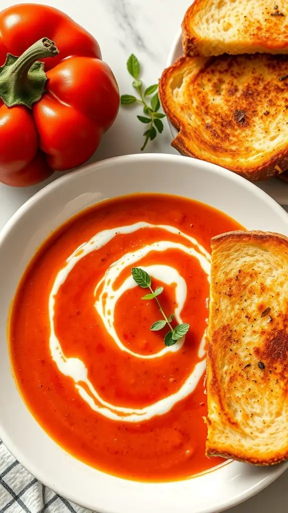A bowl of roasted red pepper and tomato soup with cream swirl and toasted bread on the side.