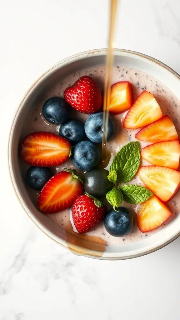 A smoothie bowl topped with strawberries, blueberries, and a drizzle of honey.