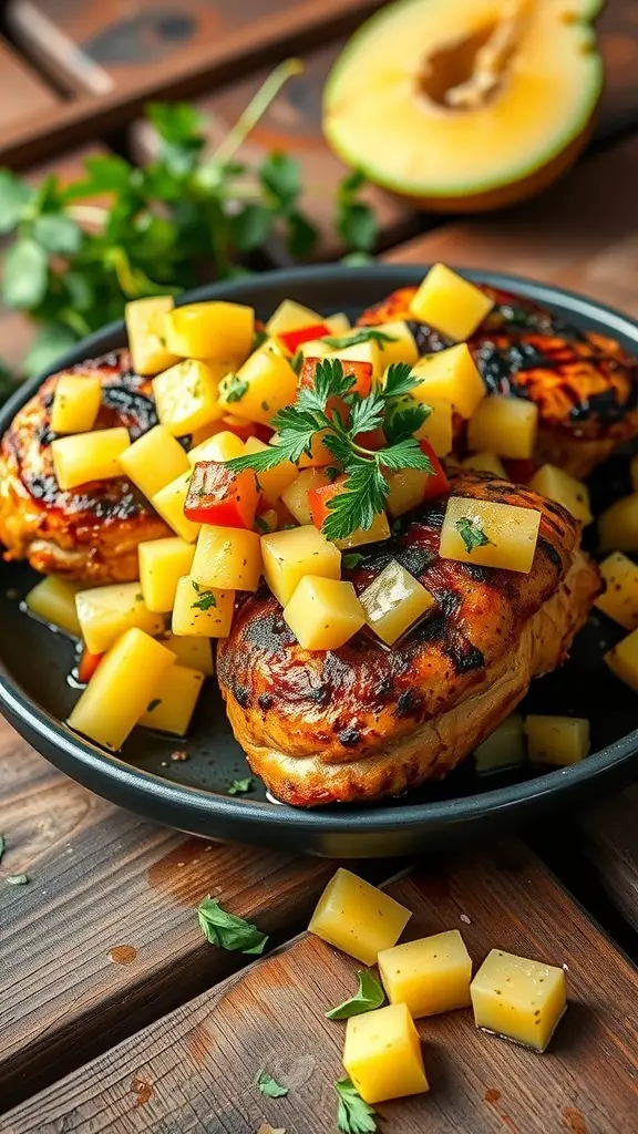 Grilled BBQ chicken thighs topped with pineapple salsa on a wooden table