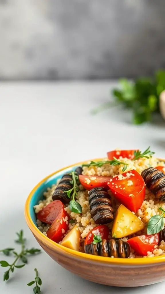 A bowl of couscous salad with roasted vegetables including tomatoes, bell peppers, and zucchini.