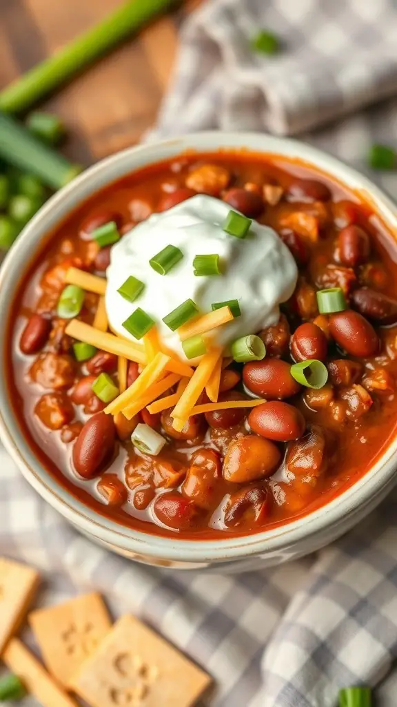A bowl of hearty chili with beans topped with sour cream, cheese, and green onions.