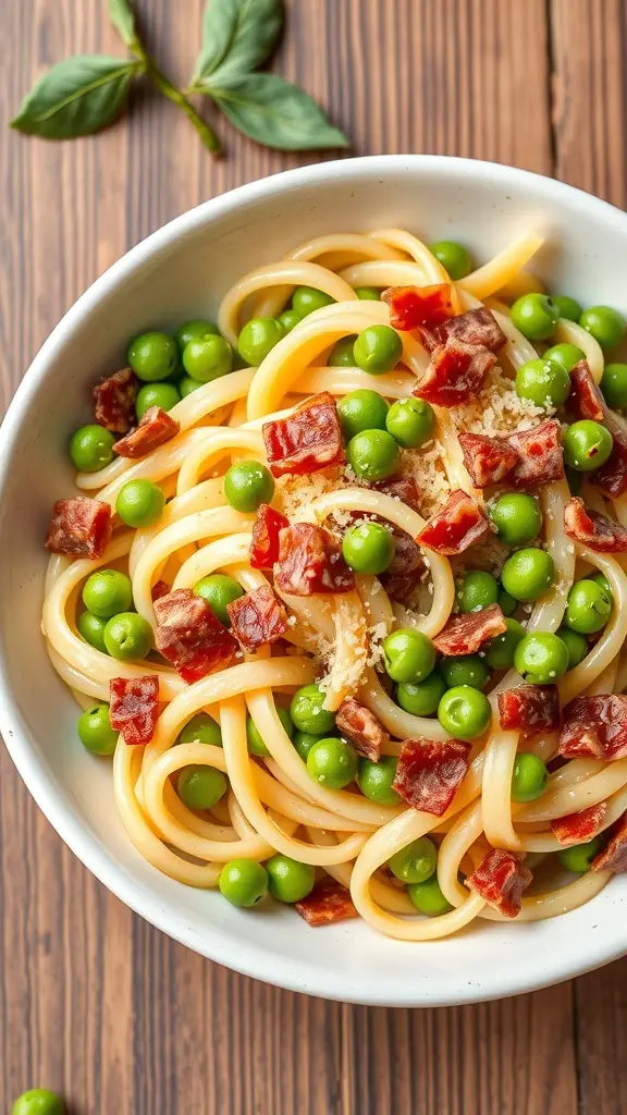 A bowl of Rigatoni Carbonara with peas, featuring creamy pasta, green peas, and crispy pancetta.