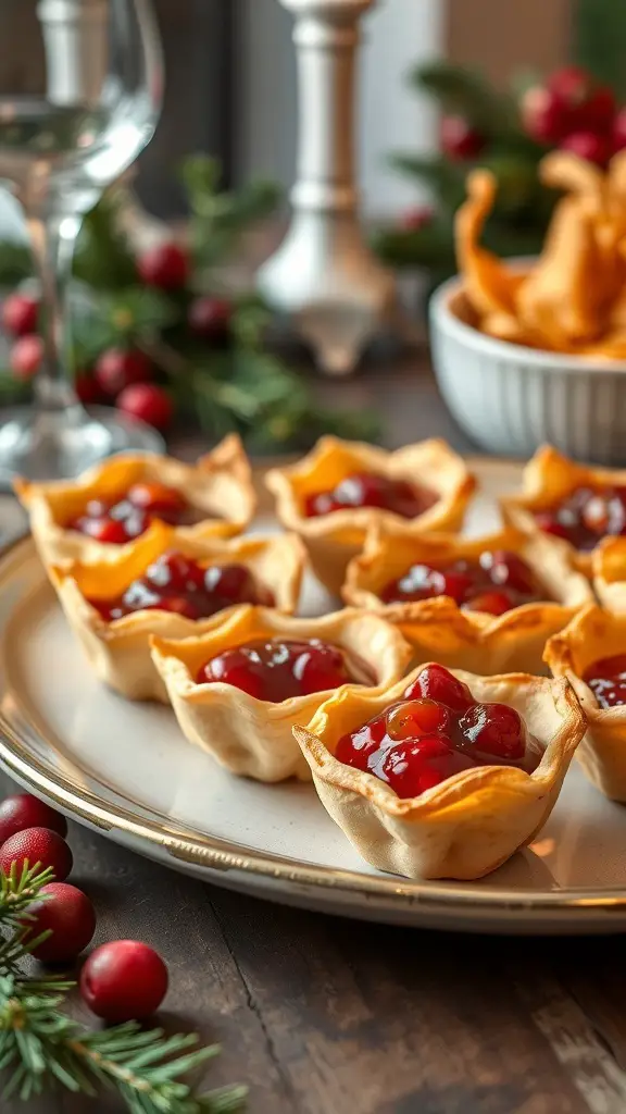 A plate of cranberry brie bites with a festive holiday setting.