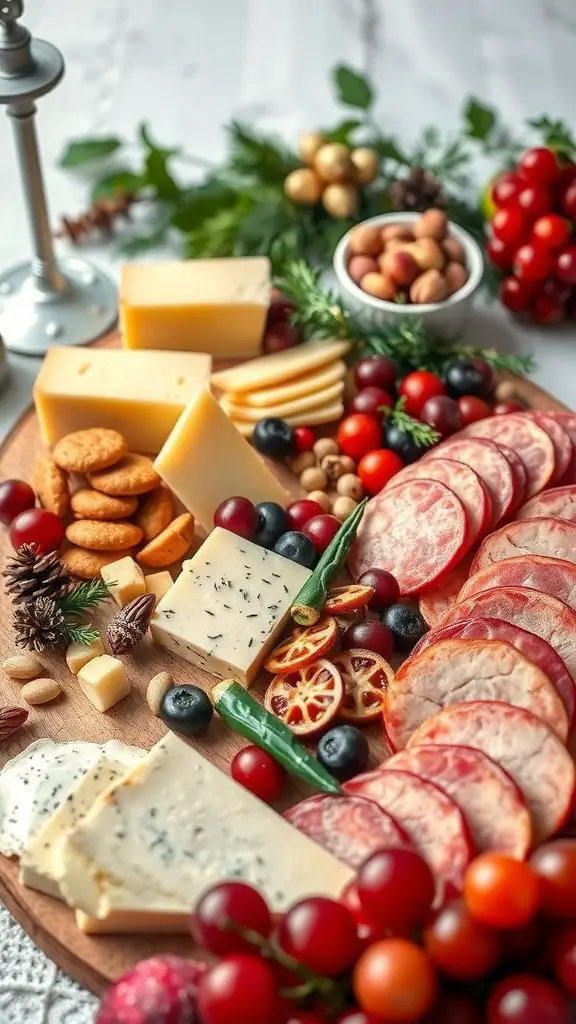 A festive cheese and charcuterie board featuring various cheeses, meats, fruits, and nuts.