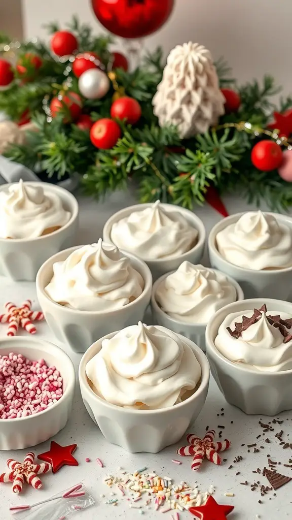 Bowls of whipped cream with festive decorations for a Christmas hot chocolate bar