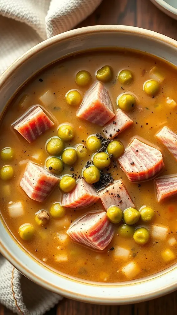 A bowl of split pea and ham soup with green peas and ham chunks