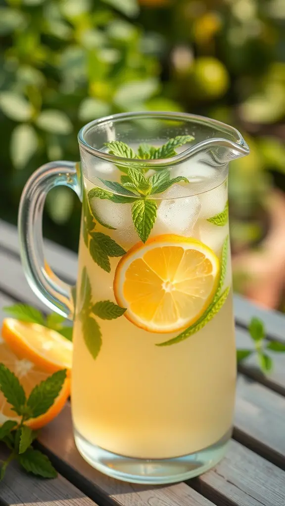 A pitcher of iced tea with lemon slices and mint leaves on a wooden table.