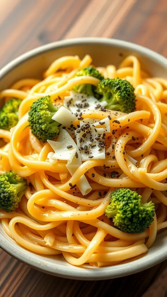 A bowl of cheesy broccoli egg noodles topped with broccoli florets and black pepper.