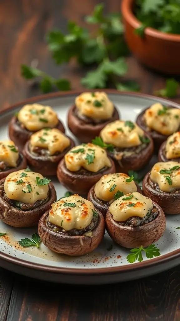 A plate of savory stuffed mushrooms topped with creamy filling and herbs.