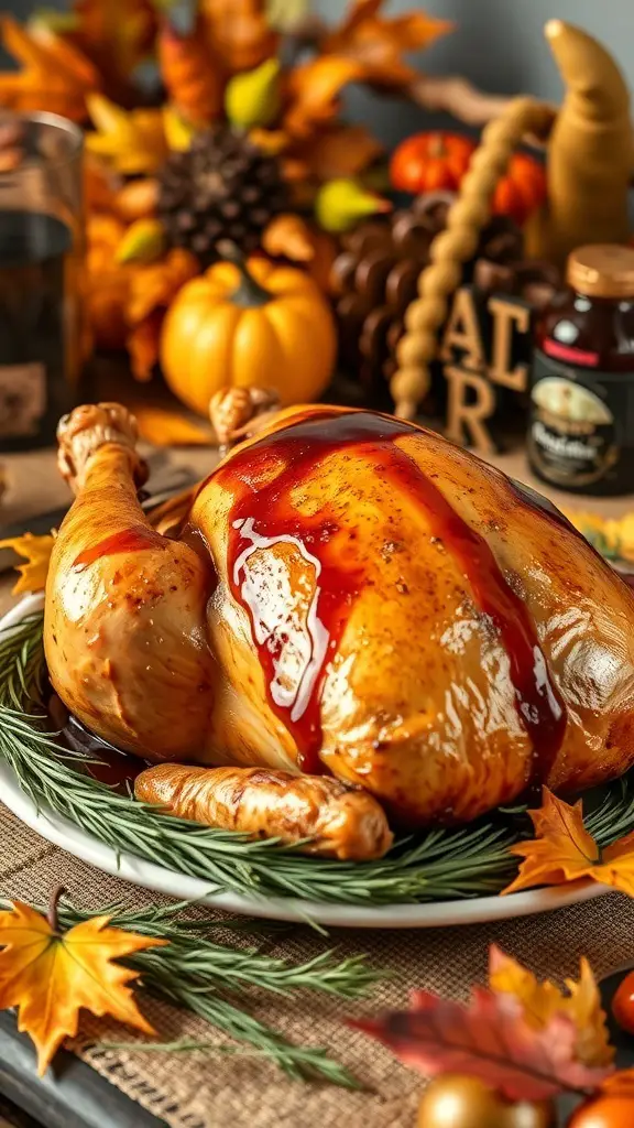 Honey-balsamic roasted turkey on a platter with autumn decorations