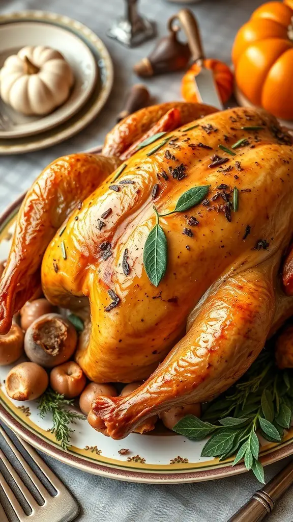 A beautifully roasted turkey garnished with sage leaves and served on a decorative platter.