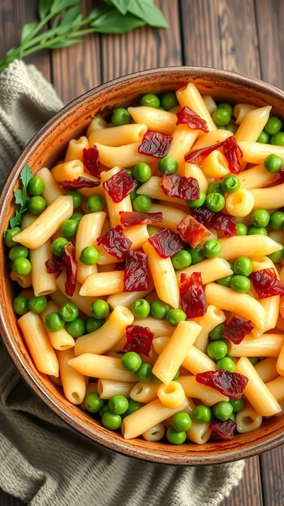 A bowl of baked macaroni with bacon and peas, featuring colorful pasta, crispy bacon pieces, and bright green peas.