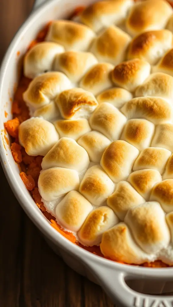 A delicious sweet potato casserole topped with toasted marshmallows in a white baking dish.