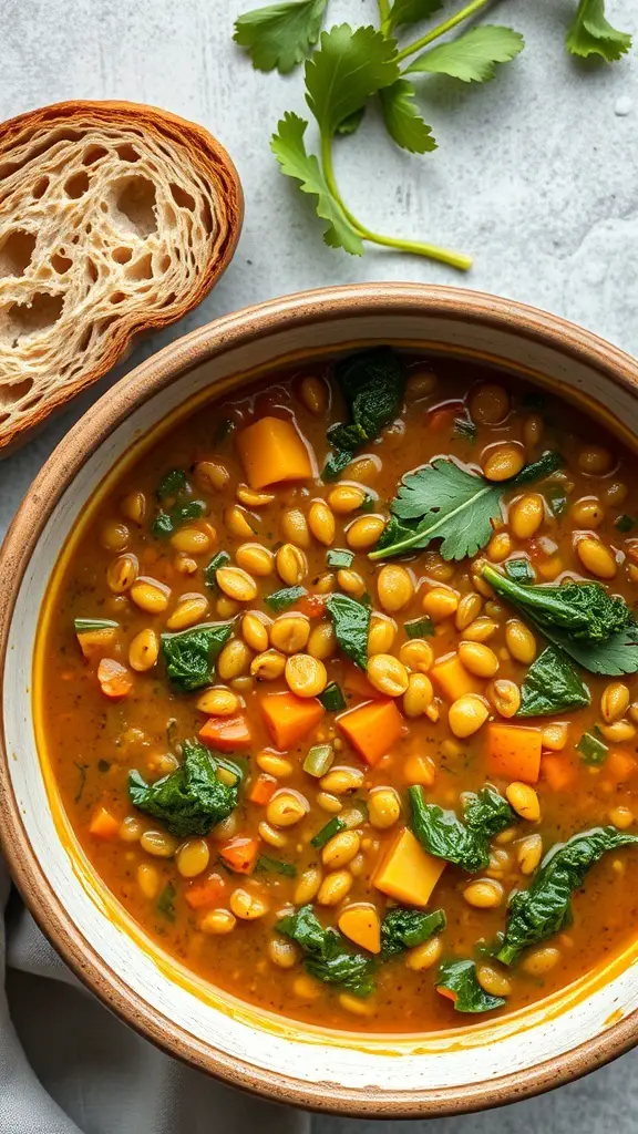 A bowl of lentil soup with kale, carrots, and a slice of bread on the side.