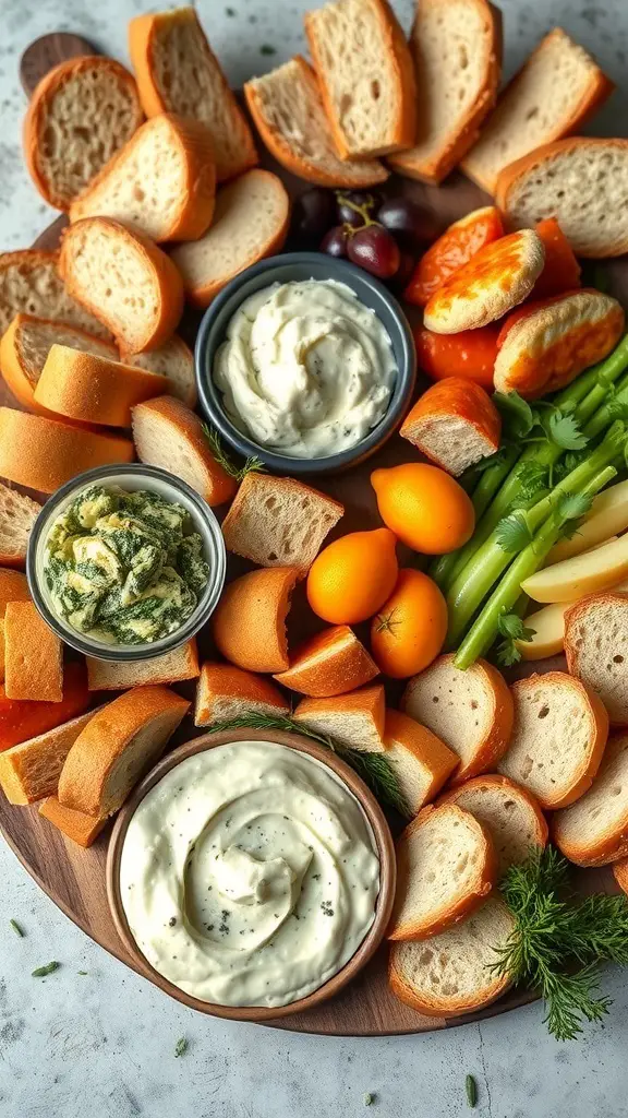 A charcuterie board featuring various breads and three types of dips, including a creamy dip, a spinach dip, and a flavorful spread, surrounded by fresh vegetables.