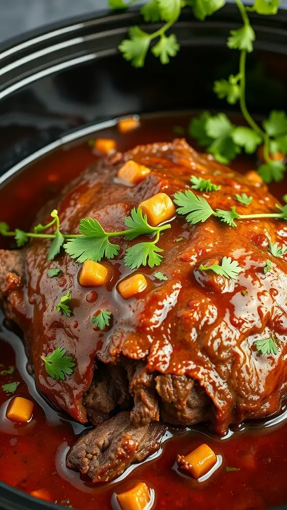 A close-up of a spicy chipotle beef pot roast in a crock pot, garnished with cilantro and corn.