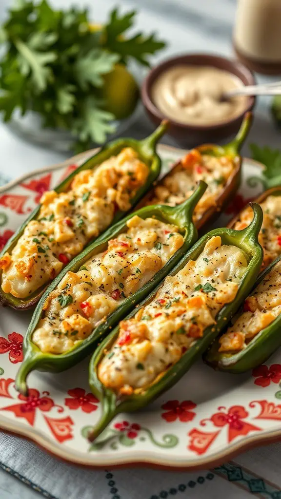 A plate of stuffed jalapeño poppers with a creamy filling, garnished with herbs.