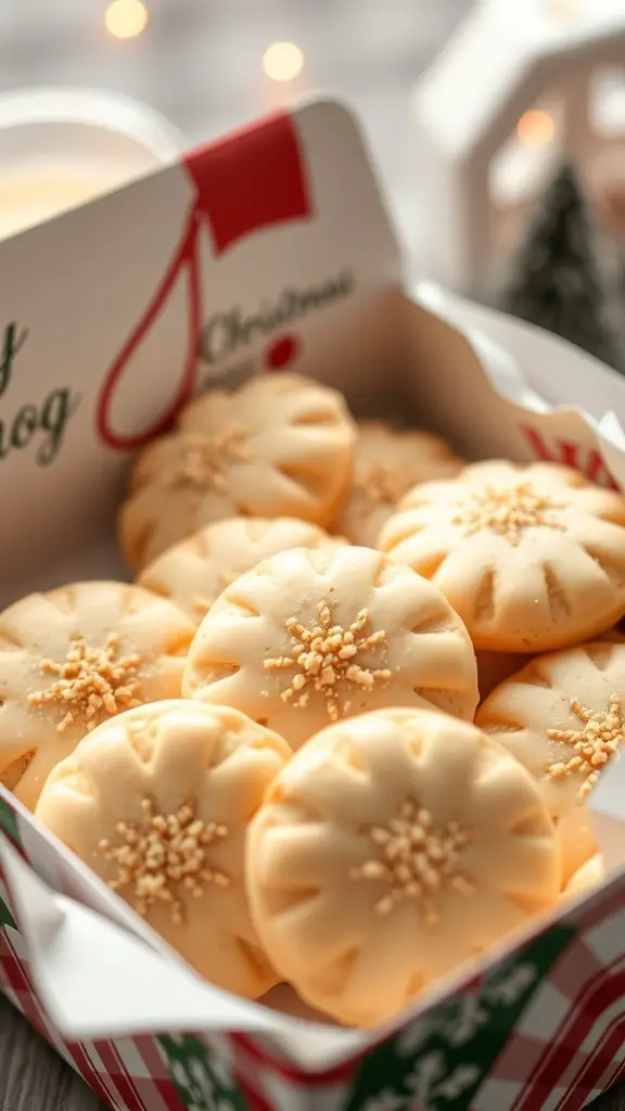 A box filled with eggnog cookies decorated with snowflake designs, perfect for Christmas.