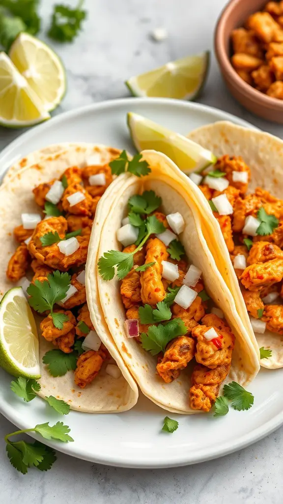 Delicious spicy chicken tacos served with lime and cilantro
