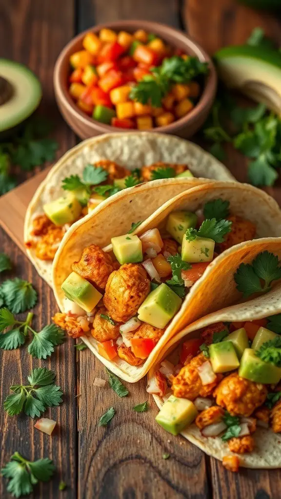 Spicy chicken tacos with avocado salsa on a wooden table