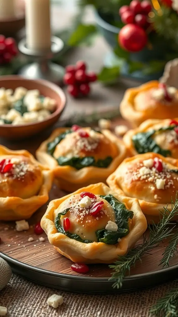 A platter of golden spinach and feta puffs garnished with red pomegranate seeds and surrounded by festive decorations.
