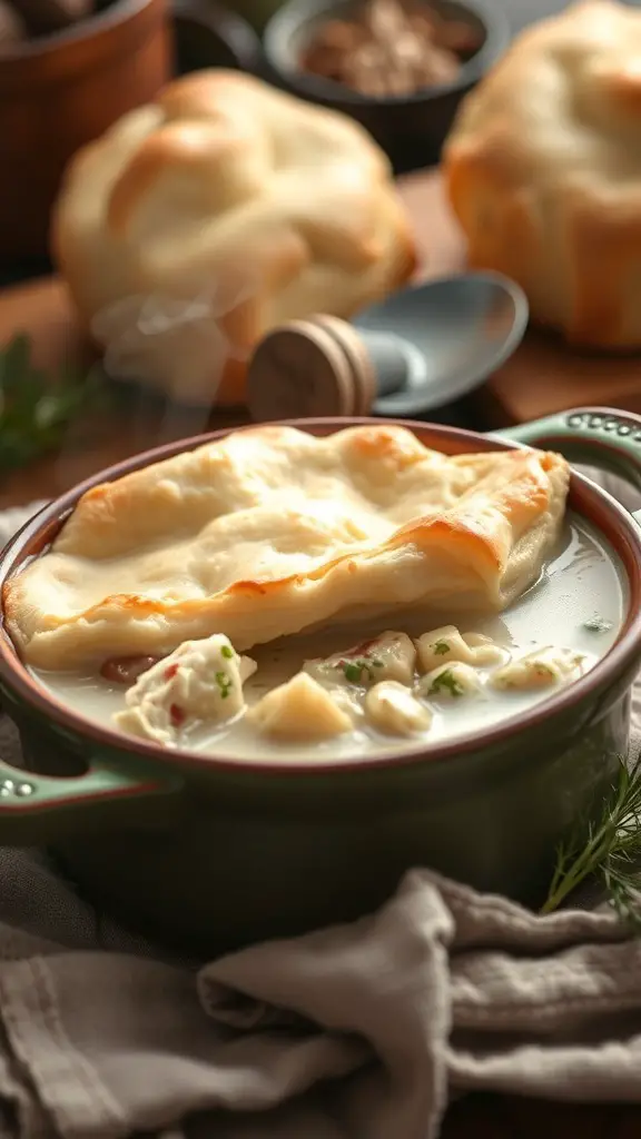 A bowl of chicken pot pie with a flaky puff pastry crust, surrounded by additional pastry rolls.